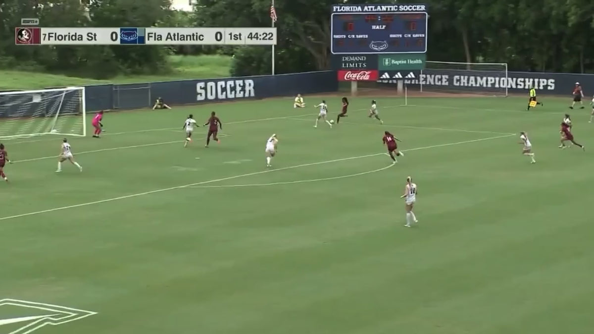 Load video: Enasia Colon scores a goal for FSU Soccer against FAU Women Soccer.